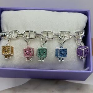 Silver Cube Charm Bracelet with Multicolor Accents